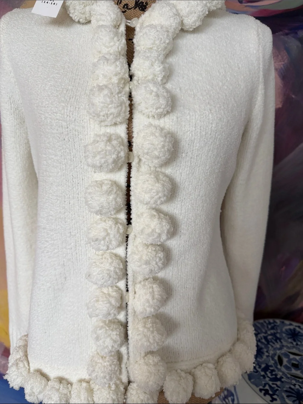 GAP Girl’s XXL Cream Bouclé Hooded Jacket with Pom Trim